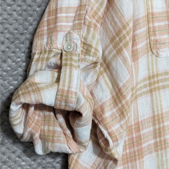 American Eagle Oversized Linen Shirt Small Lounge Beach Coverup Plaid Roll Tab - Picture 8 of 8